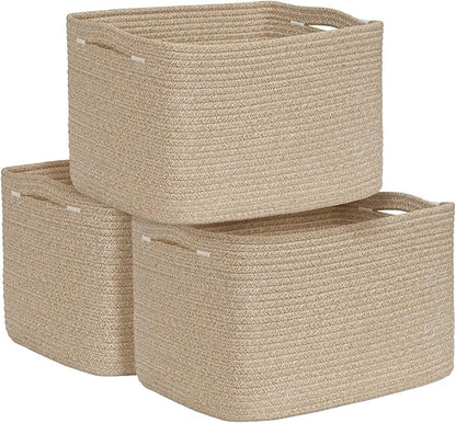 3-Pack Shelf Baskets for Organizing, Woven Storage Basket for Shelves, Cotton Rope Storage Bins for Toys Books, Nursery Towel Baskets for Classroom, 14.96"X9.8"X8.85", Brown