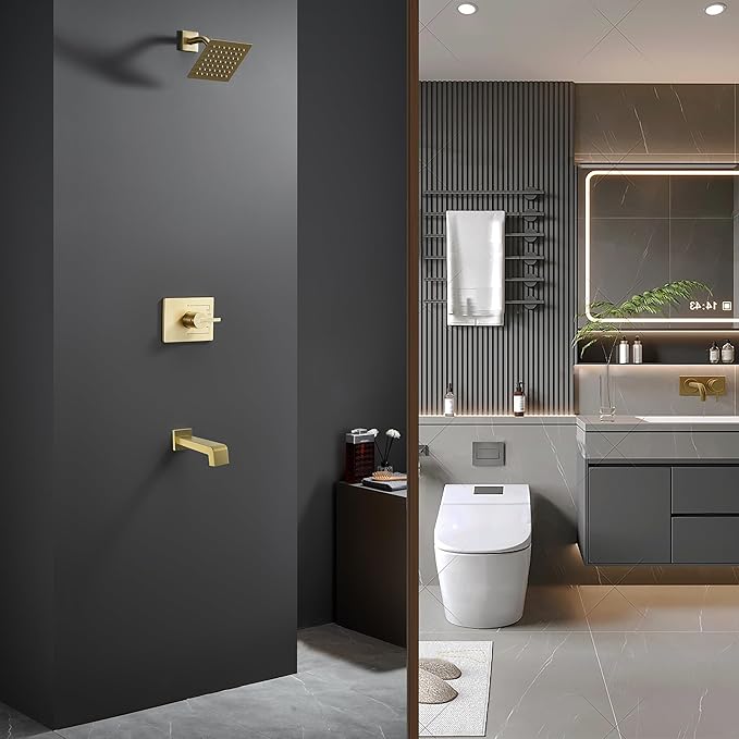 Brushed Gold Shower Fixtues, Tub and Shower Faucet Set Combo with 6 Inch Gold Shower Head and Tub Spout, Gold Shower Head and Handle Set (Valve Included)