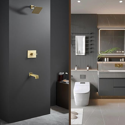 Brushed Gold Shower Fixtues, Tub and Shower Faucet Set Combo with 6 Inch Gold Shower Head and Tub Spout, Gold Shower Head and Handle Set (Valve Included)