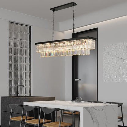 Crystal Chandeliers for Dining Room Light Fixtures Over Table，18-Lights Black Modern Rectangle Chandeliers for Kitchen Island Bar L46 Inch