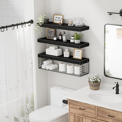 QEEIG Bathroom Shelves 24 inches Long - Floating Shelf for Wall Over Toilet Paper Storage Basket Farmhouse Set of 3, Black (019-60B3)