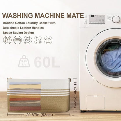 60L Large Laundry Basket with Leather Handles for Living Room Storage, Woven Rope BasketsBin for Blanket, Kids Toy, Gifts, Wicker Hamper for Bedroom Dirty Clothes, 21"x15"x11" Khaki