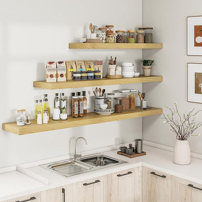 RICHFOCUS 40Inch Floating Shelves for Wall 2 Pack Shelves for Bedroom|Kitchen|Bathroom Wall Mounted Rustic Wood Floating Shelf with Invisible Brackets for Books|Storage|Decor, Oak