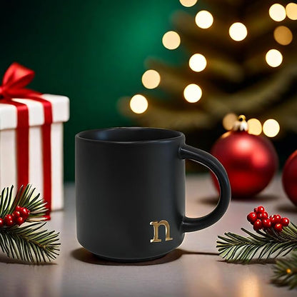 COLLECTIVE HOME - Black Monogram Ceramic Mugs, 15 oz Golden Initial Coffee Cups, Elegant Alphabet Tea Mugs, Personalized Halloween Mug with Gift Box, Perfect for Office and Home Décor (n)