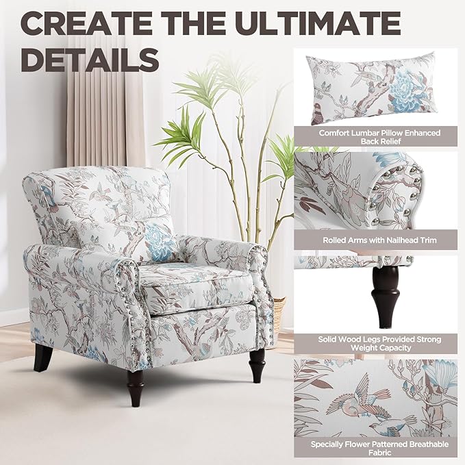 Wingback Accent Chair with Removable Pillow, High Back Floral Armchair with Solid Wood Legs & Nailhead Trim, Comfy Upholstered Reading Single Sofa Chair for Bedroom (1, Bird Floral Pattern)