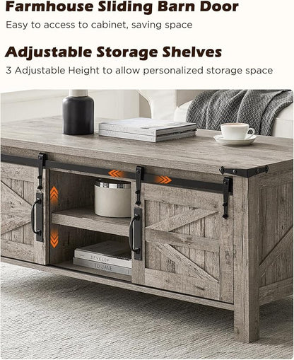 OKD 48" Farmhouse Lift Top Coffee Table with Sliding Barn Door, Rustic Center Table w/Hidden Storage Compartment, Lift Tabletop Dining Table w/Adjustable Shelf for Living Room,Light Rustic Oak