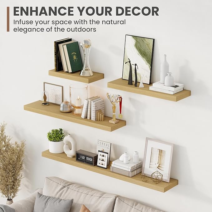 30 Inch Floating Shelves, 8 Inch Deep Floating Shelves for Wall, Hanging Shelf with Invisible Brackets, Deep Shelves for Bathroom, Bedroom, Living Room, Oak, Set of 2