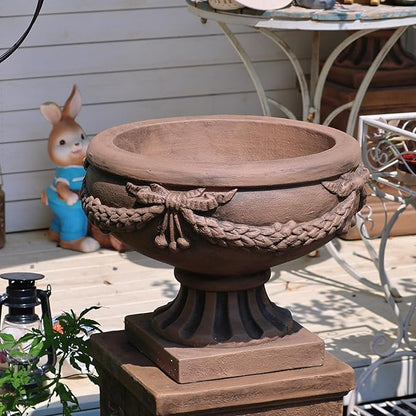 Vintage Garden Urn Planter with Pedestal, Cement and Fiber, Maked Bronze Color, Decorative Leaf Pattern, 30 Inch Height, Wrap Foam Safely Delivered from Local Warehouse (Bronze)