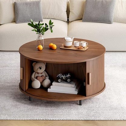 Round Coffee Table with Storage, 31.5" Modern Coffee Table with 360° Curved Sliding Door, Fluted Wood Accent Coffee Table with Adjustable Footpads, Round Center Table for Living Room, Walnut