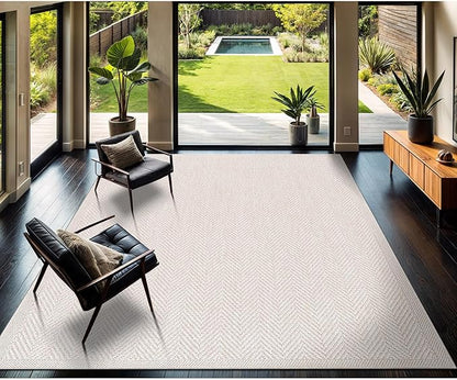 CAMILSON Easy Jute Rug 6x9, Indoor Outdoor Off-White Color Fiber Area Rugs for Living Room Patio and Bedroom Rug Herringbone Seagrass Woven Design Easy-Cleaning, Washable Outside Carpet Alfombras 6x9