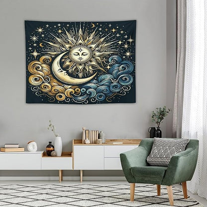 HZOHNAGO Sun Moon Tapestry Boho Golden Stars Pattern Printed Wall Tapestry Wall Hanging for Bedroom Living Room Dorm 40" W x 30" H