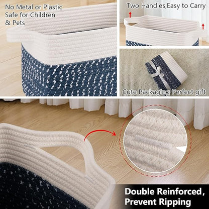 OIAHOMY Storage Basket, Woven Baskets for Storage, Cotton Rope Basket for toys,Towel Baskets for Bathroom - Pack of 3,White Blue
