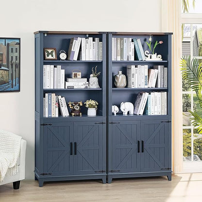 5 Tier Bookshelf 70in Tall Bookcase with Barn Doors and Storage Cabinet, Blue Farmhouse Book Shelf with Adjustable Shelves, Wood Freestanding Display Bookshelves for Bedroom, Kitchen (3PCS)