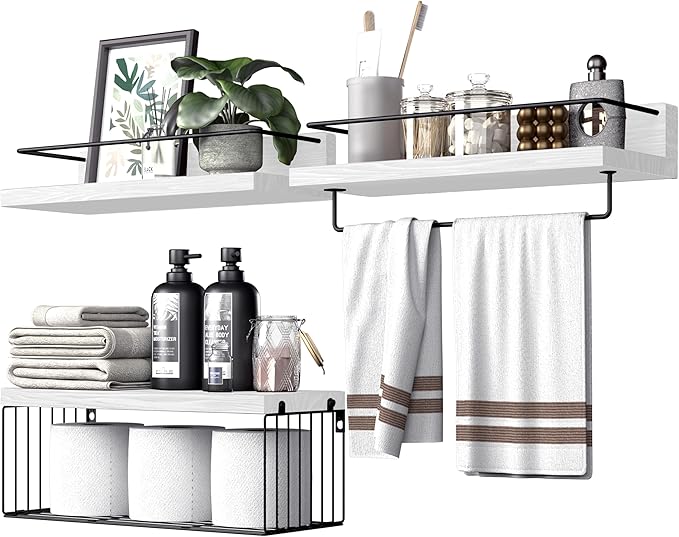 Bathroom Shelves Over Toilet for Wall, Floating Shelves with Storage Basket Paper Holer for Kitchen Living Room, Bedroom & Classroom, Set of 3 (White and Black)