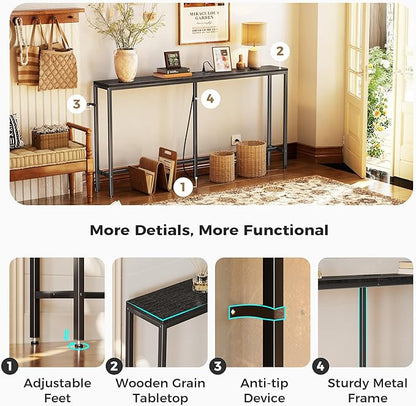 SUPERJARE Console Table with Outlet, 63 Inch Sofa Table with Charging Station, Narrow Entryway Table, Skinny Hallway Table, Behind Couch Table, for Living Room, Plants, Black
