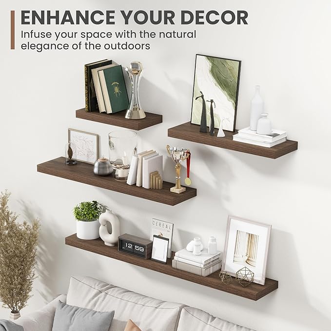 16 Inch Floating Shelves, 8 Inch Deep Floating Shelves for Wall, Hanging Shelf with Invisible Brackets, Deep Shelves for Bathroom, Bedroom, Living Room, Walnut, Set of 2