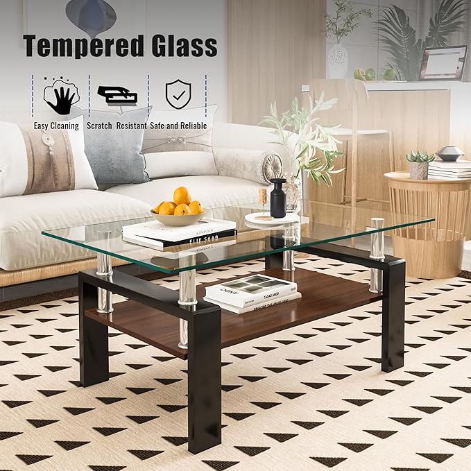 Tempered Glass Coffee Table Rectangle Living Room Center Table, with 39" Clear Top and Brown MDF Layer Black Metal Leg, for Small Space Apartment, Transparent+Brown