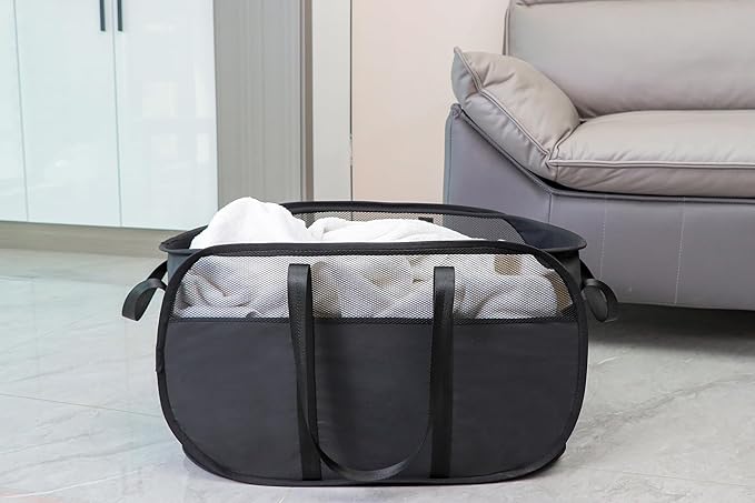 Pop Up Laundry Hamper，with Durable Handles collapsible laundry basket，Easy to Open and Fold for college Dorm,kids room，travel (black+gray)…