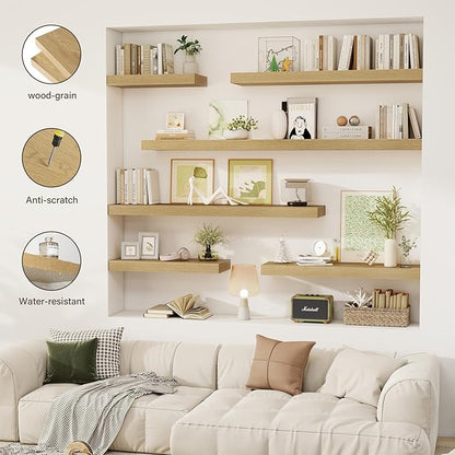 72 Inch Floating Shelves, 12" Deep Floating Shelf Wall Mounted, 72" Wall Shelves, Rustic Deep Bookshelf, Extra Deeper & Thicker Display Shelves for Bedroom, Living Room, Oak, Set of 1