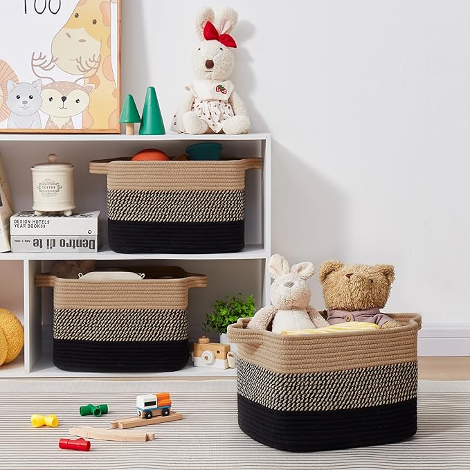 Storage Basket for Organizing, Woven Baskets for Storage, Rectangle Decorative Baskets for Shleves, Closet, Toys, Books, Nursery Organizer Bins - Pack of 3 (Black & Brown)