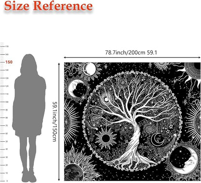 AACKart Tree of Life Tapestry for Bedroom Aesthetic Room Decor-Black and White Spiritual Tree Tapestry Wall Hanging with Sun Moon Star 78.7×59.1 inches