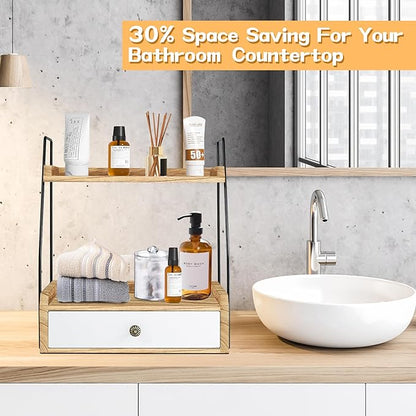 2 Tier Bathroom Counter Organizer with Drawer, Wood Bathroom Storage Shelf Counter for Cosmetic Vanity Tray Kitchen Spice Rack Coffee Station Organizer, Bathroom Decor