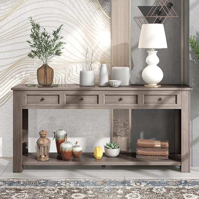 Solid Wood Console Table,Long Sofa Table Entryway Table with 4 Drawers and Bottom Shelf for Hallway Living Room Couch Table,Fully Assembled (63" Gray Wash)