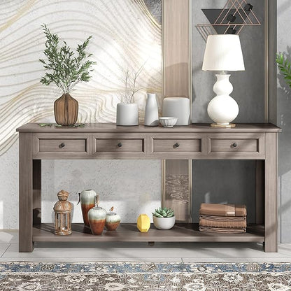 Solid Wood Console Table,Long Sofa Table Entryway Table with 4 Drawers and Bottom Shelf for Hallway Living Room Couch Table,Fully Assembled (63" Gray Wash)