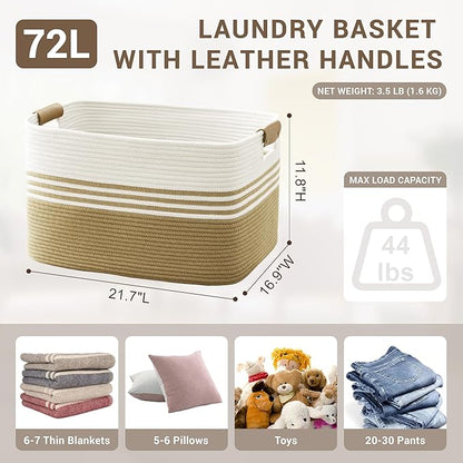 72L Large Laundry Basket with Leather Handles for Living Room Storage, Woven Rope Baskets Bin for Blanket, Kids Toy, Gifts, Wicker Hamper for Bedroom Dirty Clothes, 22"x17"x12" Khaki