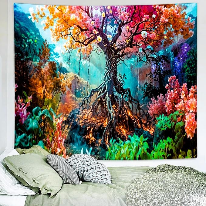 Delur Forest Tapestry Tree of Life Fantasy Tropical Rainforest Tapestry Wall Hanging Colorful Nature Mystical Landscape Psychedelic Spiritual Headboard for Bedroom Living Room Home Decor (59.1" x 78.7")