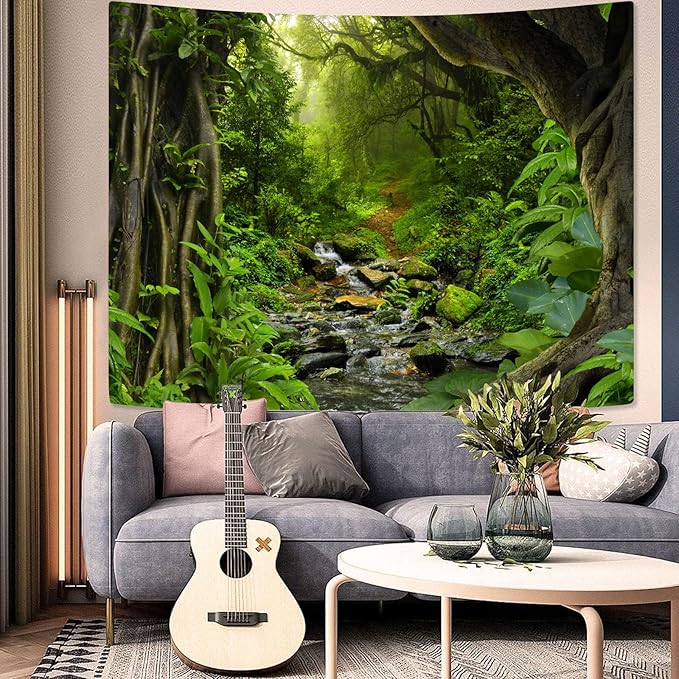 AMM Green Rainforest Tapestry Nature Forest Tapestry for Bedroom Aesthetic Misty Tropical Jungle Trees Flowing Stream Landscape Tapestries Wall Hanging for Living Room Dorm 48 x 36 Inch