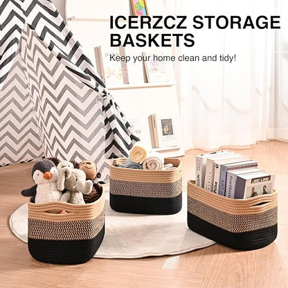 Storage Baskets for Shelves Organizing, Woven Cotton Rope Baskets for Storage, Book Basket, Towel Basket, 12.5"Lx9.1''Wx7.9''H (4 Packs) Gradient Black & Jute
