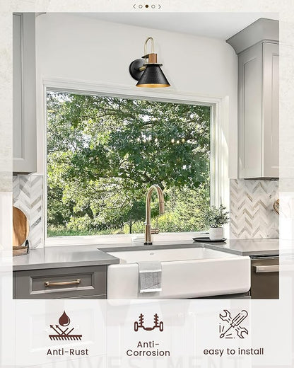 Black and Gold Wall Sconces, HWH Industrial Sconces Wall Lighting Indoor Vanity Barn Light Fixture, Gooseneck Wall Lamp for Bathroom Bedside Bedroom Kitchen, Hammered Metal Shade, 5HZG74B-L BK+BG