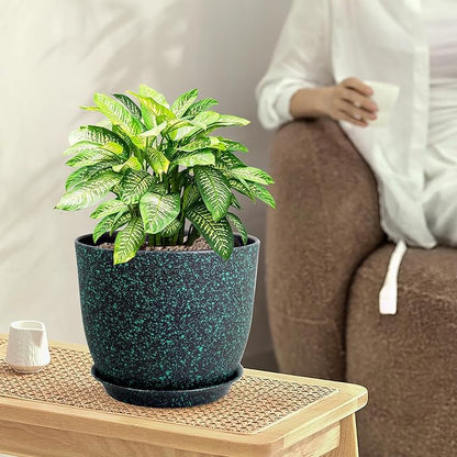 Plant Pots 9/8/7.5inch, Set of 3 Modern Decorative Plastic Planters with Drainage Holes and Saucer for Garden House Plants, Flower Pots for Indoor Outdoor Plants, Black with Green Speckles