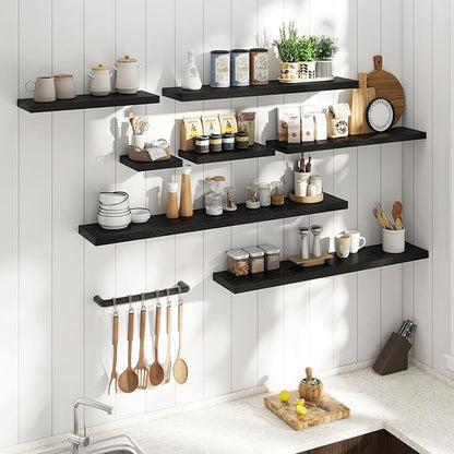 16 Inch Floating Shelves for Wall Set of 2, 8"D Wood Grain Bathroom Shelves with Invisible Brackets, Easy Install Engineered Wood Storage Shelves for Kitchen, Living Room, Bedroom, Black Finish