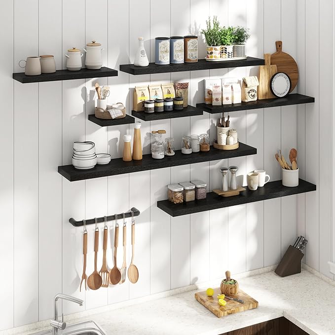 48 Inch Floating Shelves for Wall Set of 2, 8"D Wood Grain Bathroom Shelves with Invisible Brackets, Easy Install Engineered Wood Storage Shelves for Kitchen, Living Room, Bedroom, Black Finish