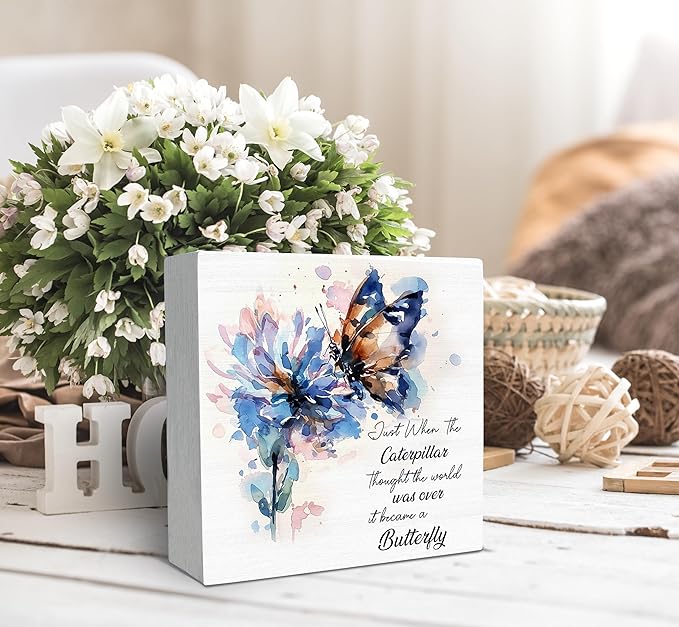 SRADMO Inspirational Desk Signs, Inspirational Butterfly Wood Box Sign Desk Decor, Motivational Desk Decor, Encouragement Theme Wooden Block Box Sign Decoration for Home Office Shelf Table Decor