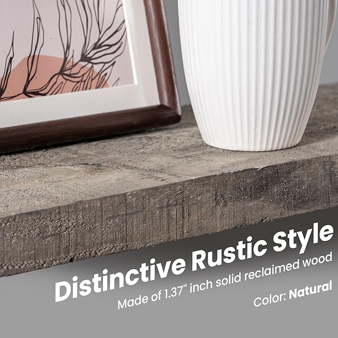 48 Inch Fireplace Mantel Shelf - 8 Inch Deep Rustic Solid Reclaimed Wood Floating Shelf, Wall Mounted Farmhouse Display Shelf with Invisible Heavy Duty Metal Bracket, Set of 2, Cement Grey