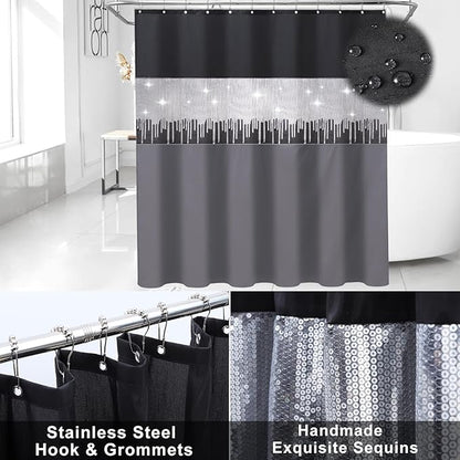 Black Bathroom Accessories with Glitter Shower Curtain,Towel Set 24 PCS Bathroom Set with Shower Curtain Set Bathroom Set Black Shower Curtain with Bathroom Trash Can