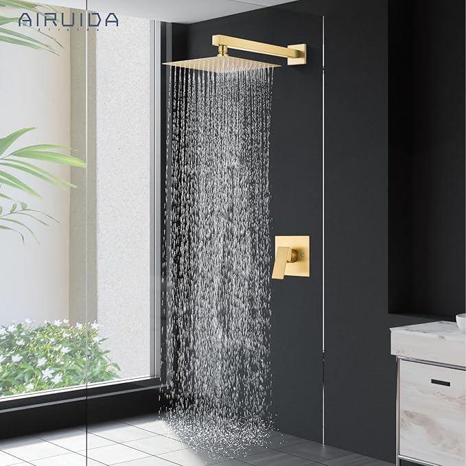 Airuida Shower Faucet Set Bathroom Rain Shower System SUS304 Stainless Steel Single Handle With Male Threads Rough-in Valve Shower Trim Kit 10 Inch Wall Mount Shower Head Brushed Gold