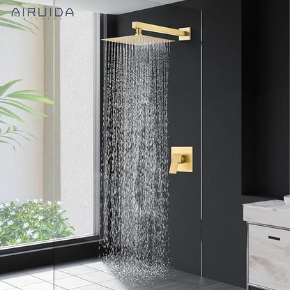 Airuida Shower Faucet Set Bathroom Rain Shower System SUS304 Stainless Steel Single Handle With Male Threads Rough-in Valve Shower Trim Kit 12 Inch Wall Mount Shower Head Brushed Gold