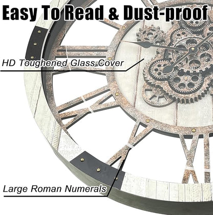 DORBOKER 24" Large Wall Clock with Moving Gears,Oversize Vintage Industrial Rustic Farmhouse Clocks for Living Room Decor Office Home,Solid Wood Retro Metal HD Tempered Glass Cover,Desert Beige