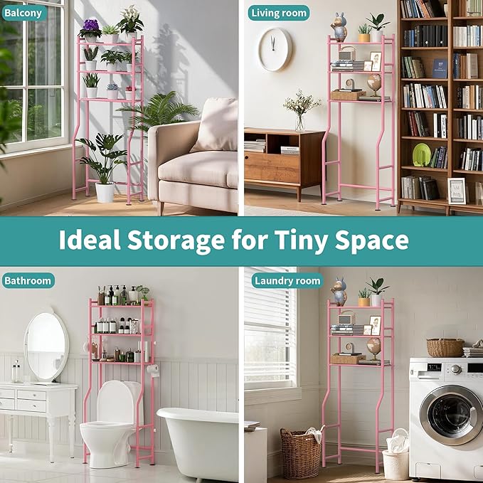 3-Tier Over The Toilet Storage with Paper Holder, Metal Bathroom Organizers and Storage for Small Space, Freestanding Bathroom Shelves with 4 Hooks, Above The Toilet Storage Shelf, Pink