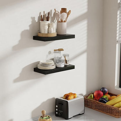 16 Inch Floating Shelves, 8 Inch Deep Floating Shelves for Wall, Hanging Shelf with Invisible Brackets, Deep Shelves for Bathroom, Bedroom, Living Room, Black, Set of 2