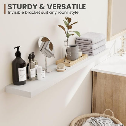 30 Inch Floating Shelves, 8 Inch Deep Floating Shelves for Wall, Hanging Shelf with Invisible Brackets, Deep Shelves for Bathroom, Bedroom, Living Room, White, Set of 2