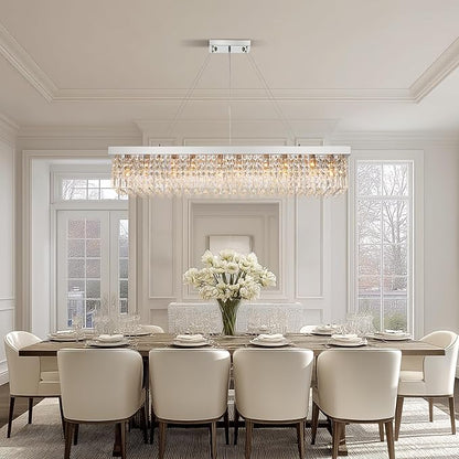 Rectangle K9 Crystal Chandelier,10 Lights Modern Rectangular Hanging Ceiling Pendant Light Fixture for Dining Room Kitchen Island,Polished Chrome Finish L47''xW10''xH10''