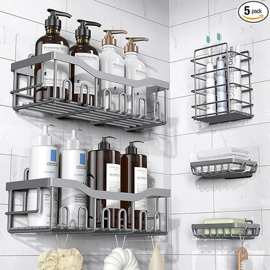 5-Pack Rustproof Stainless Steel Shower Caddy – No Drill Adhesive Bathroom Organizer with Large Capacity, Spacious Shower Shelves for Inside Shower, Kitchen & Home Decor Storage-XL Size