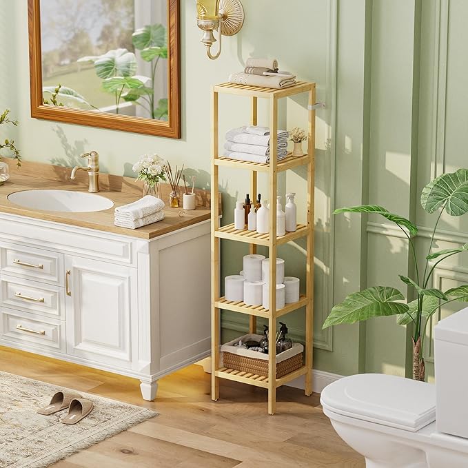 SMIBUY Bathroom Storage Shelf, 5-Tier Bamboo Rack Organizer, Multifunctional Shelving Unit for Living Room Bedroom Kitchen (Natural)
