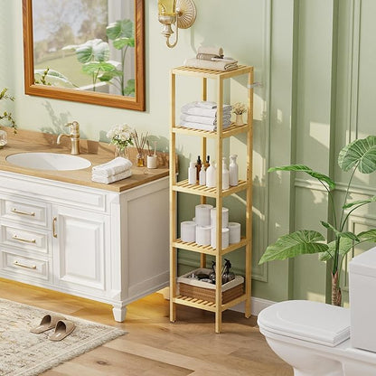 SMIBUY Bathroom Storage Shelf, 5-Tier Bamboo Rack Organizer, Multifunctional Shelving Unit for Living Room Bedroom Kitchen (Natural)
