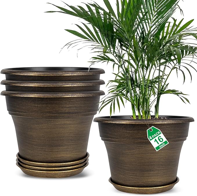 16 inch Plant Pots Outdoor Planters，4 Pack Large Plastic Flower Pot for Indoor Plants with Drainage Holes & Saucer, Resin Decorative Container Sets with Trays for House Outdoor Garden Plant Dark Gold
